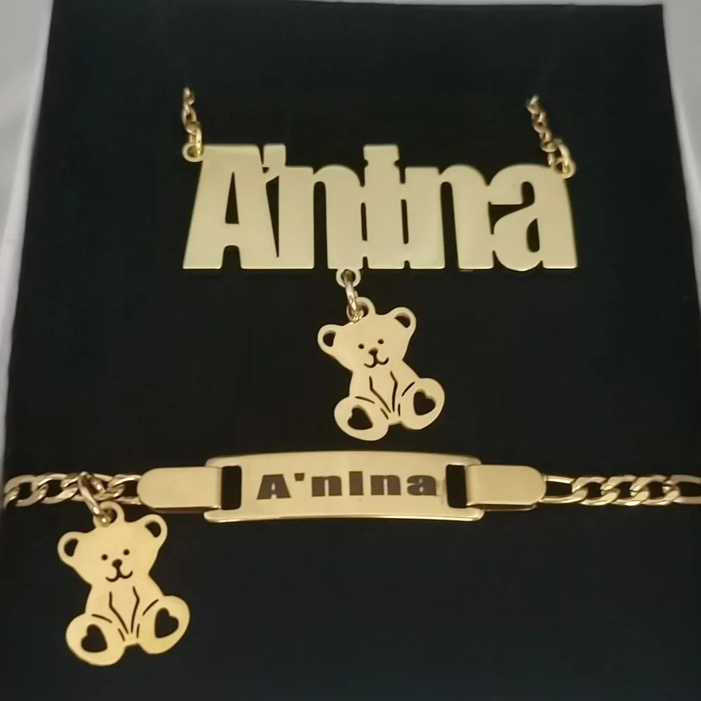 Qiuhan Stainless Steel Odm Personalized Custom Name Necklace Engraved Bracelet Bear Charms Jewelry Gift for Kids