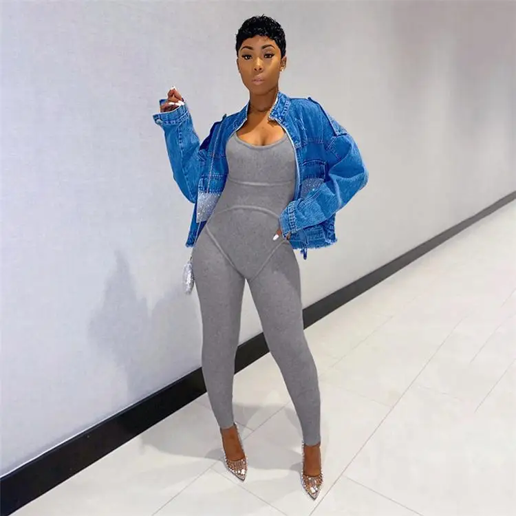 

Ribbed Solid Color Ladies Sports Workout Rompers Women Sleeveless Full Length Pants Active Wear Bodycon Knitted Playsuit, Customized color