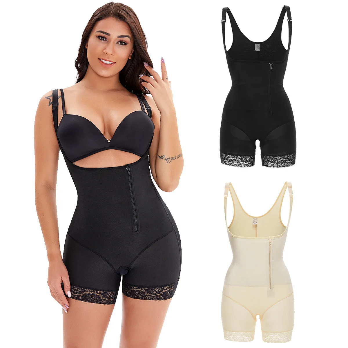 

Hot style plus size lace zipper corset woman shapewear fat burning beauty body body shaping lifting hips bodysuit, Black,skin