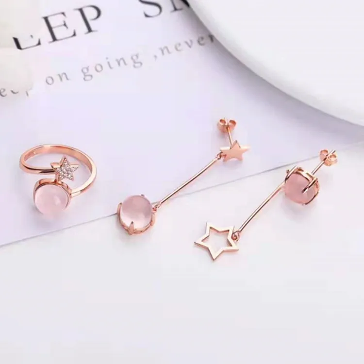 

starry crystal gemstone jewelry 925 silver 18k rose gold plated 8mm natural rose quartz pendant earringadjustable ring set, Pink