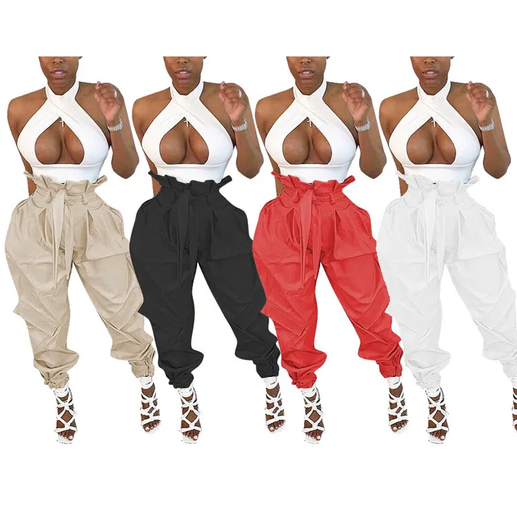 

Casual Solid Color Quick-drying Cloth Ruffled High Waist Cargo Pants Ladies Pants Streetwear Pants, White, khaki, red, black