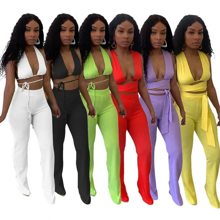 

2021 Amazon Hot Selling Summer Casual Sexy Backless Bandage Wide Leg Pants Set Two Piece Outfits Women 2 Piece Clothing