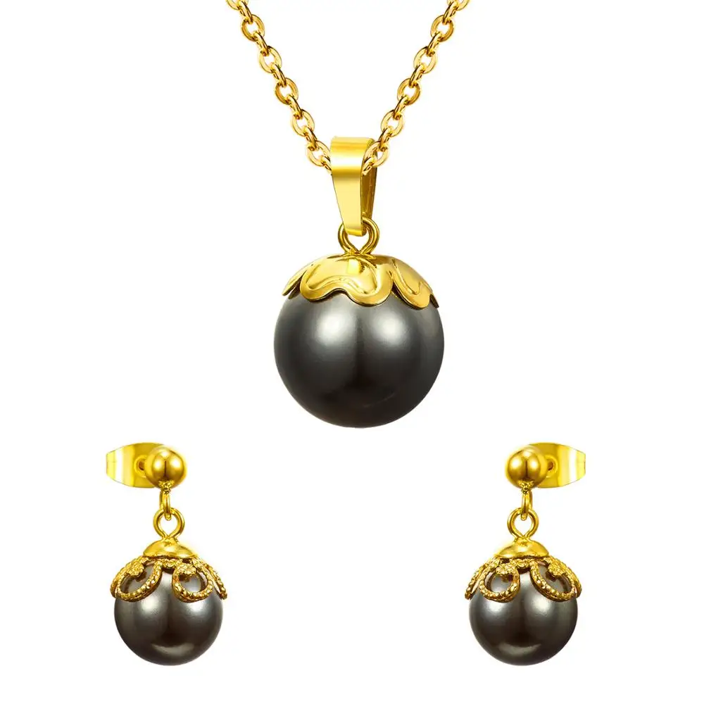 

New Arrival Stainless Steel Jewelry Sets Women Black Pearl Party Necklace Earrings Set