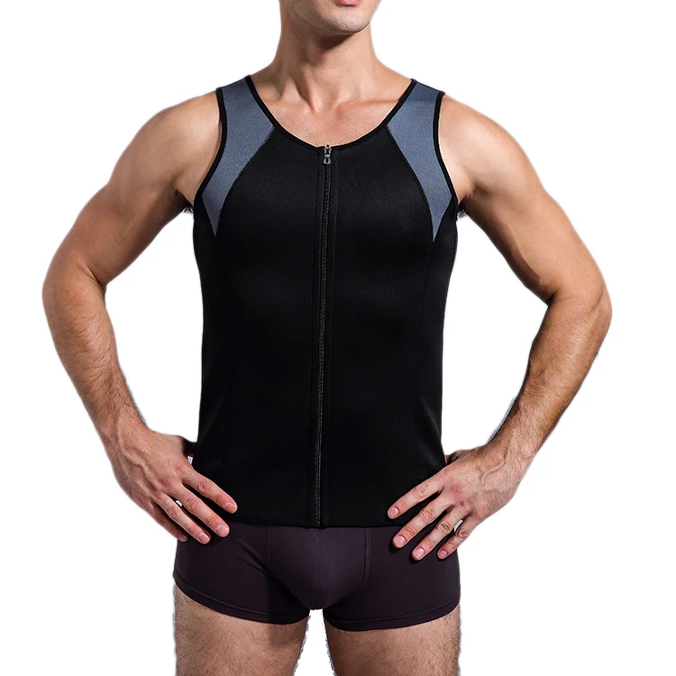 

Factory wholesale custom new men's slim zipper corset gym stretch body shape vest sports sweat body shape suit, Black