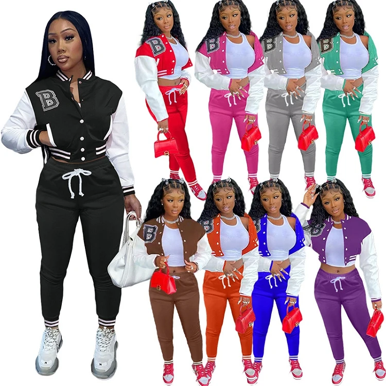 

hot selling winter clothes crop bomber jacket 2 piece women outfits two piece pants set clothing for woman