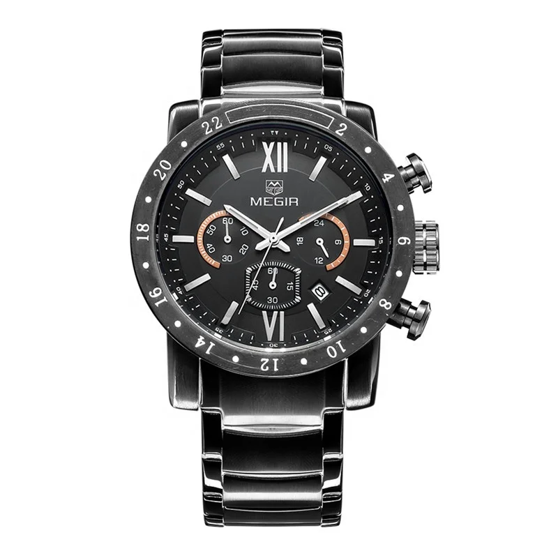 

Full bllack Megir Men Watch 3008 3ATM Man stainless steel multifuction Military Chronograph sport watches men wrist watch