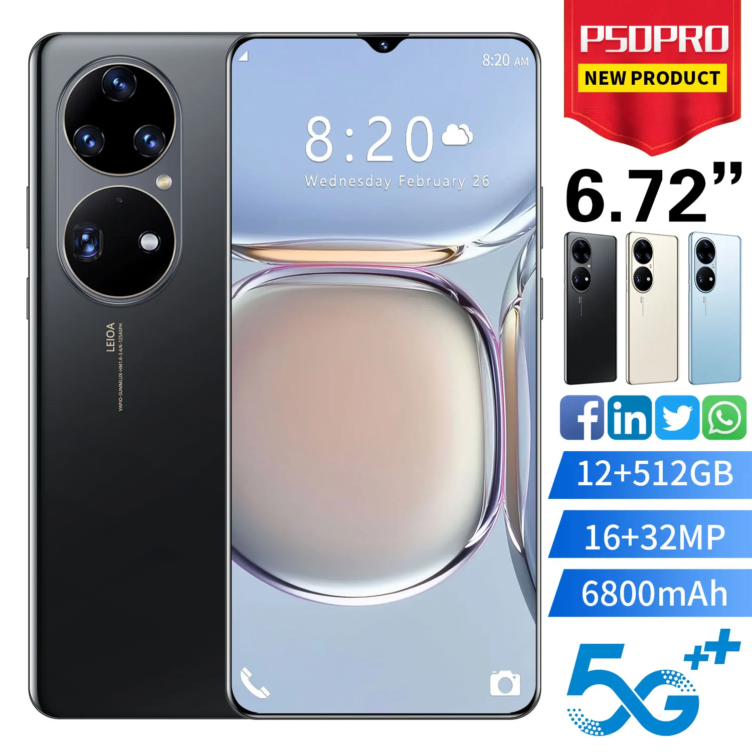 

Hot Selling P50 PRO Unlocked 16+32MP 10 Core Dual SIM 12GB+512GB Cheap Smart Phone 6.72 inch Android 8.0 Mobile SmartPhones, Black blue gold