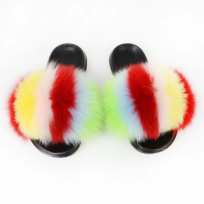 

2021 Hot Sale Cheap Wholesale Big Fluffy Raccoon Faux Mink Fur Slides for Women