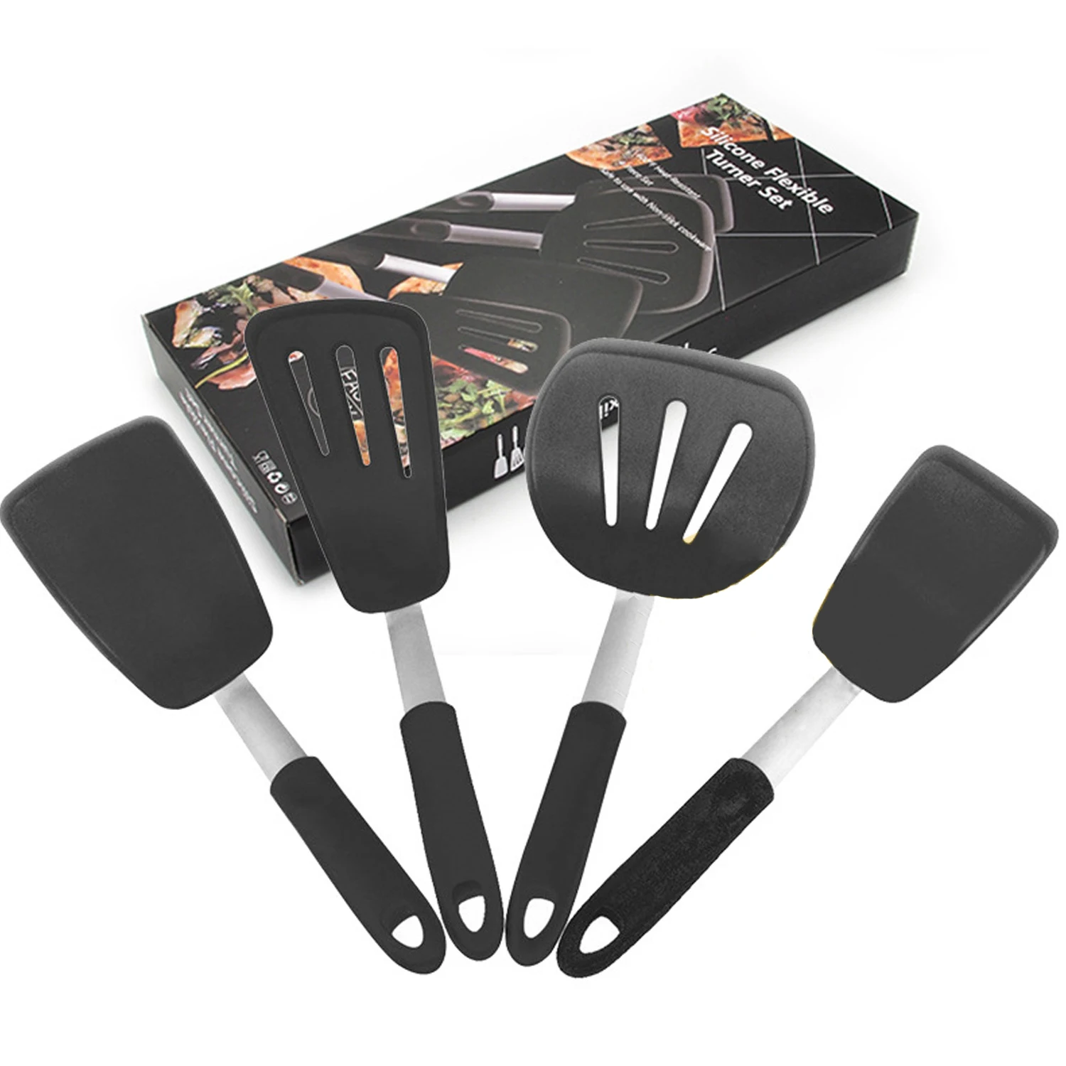 

Best Heat Resistant 4 Piece Silicone Cooking Utensil Pancake Slotted Turner Spatula Set, Silver