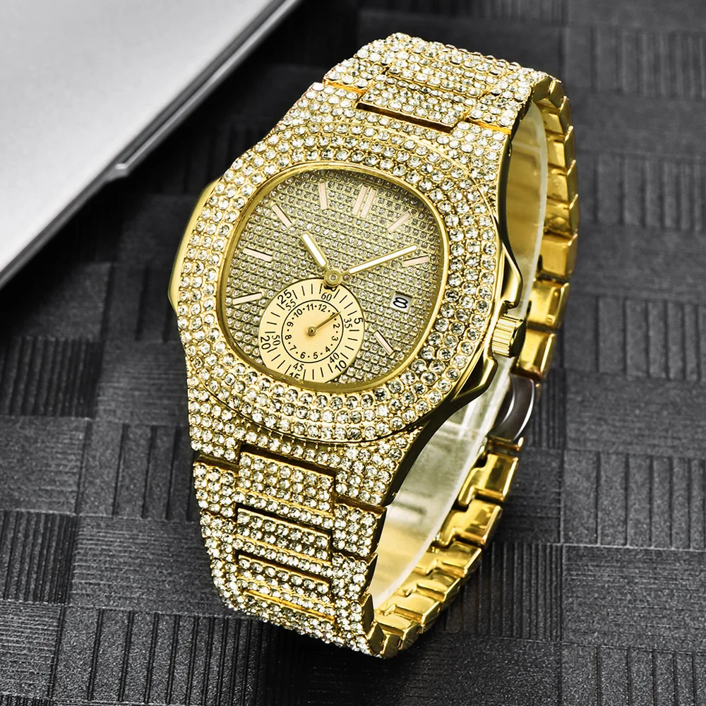 

Fashion Brand Top Luxury Quartz Watch With Date Iced Out Wrist Band For Men Casual Sports Business, Gold