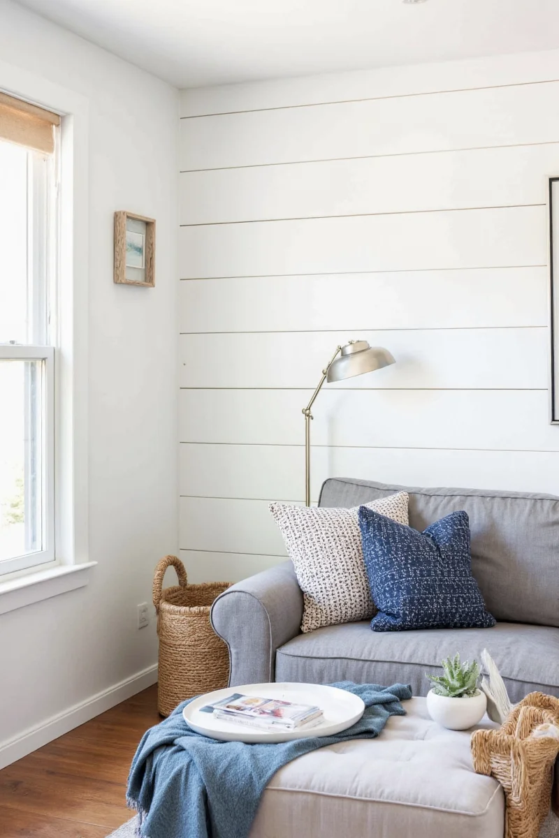 Family living room with blue shiplap accent wall