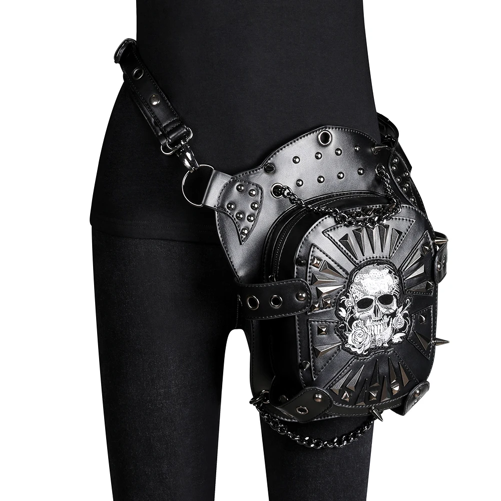 

Wholesale fashions skull spot punk multifunctiona steampunk pu leather tactics backpack crossbody bag for men