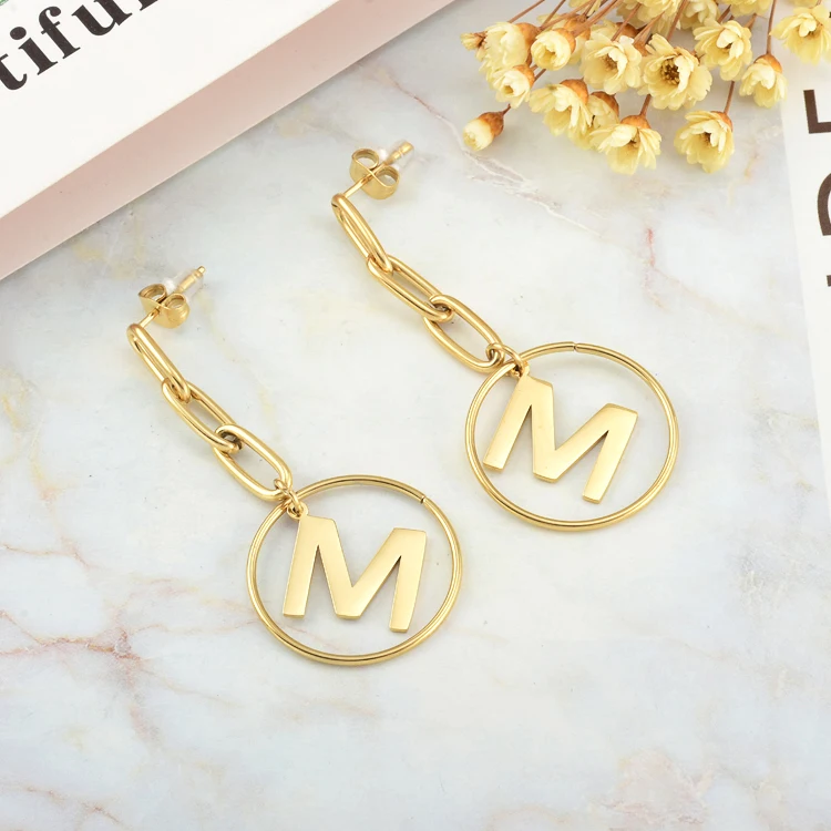 

New Stainless Steel Clover Round Letter M Long Chain Statement Earrings