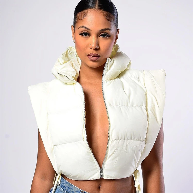 

2022 Winter White Streetwear Crop Sleeveless Puff Bubble Plus Size Cropped Designer Custom Puffer Vest With Hood Women