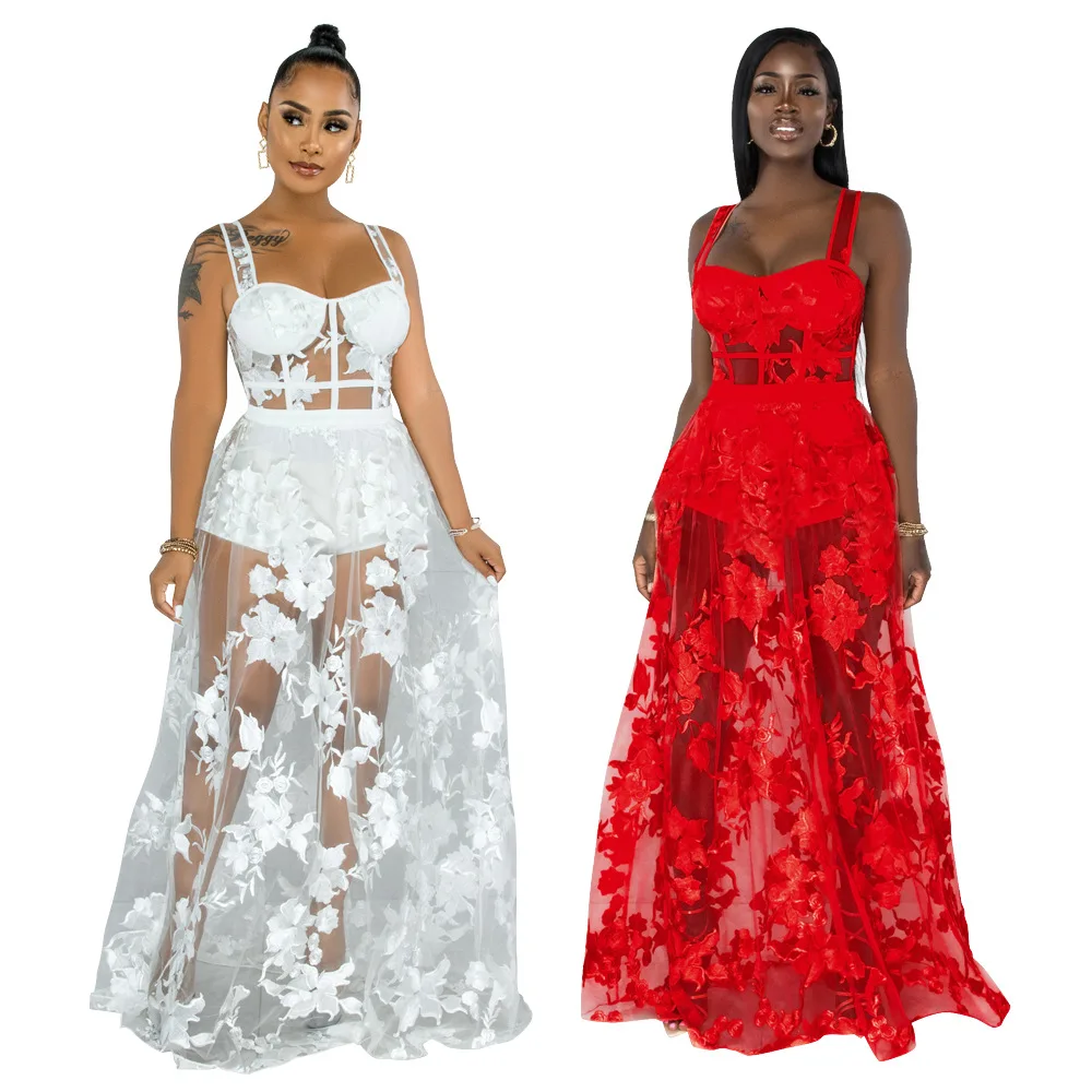 

YD - CY9037 In stock top quality women mesh maxi embroidery dresses with lace red see through two piece dress set