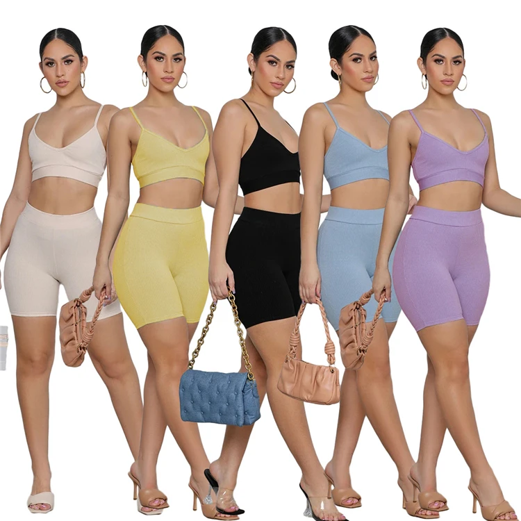 

L07348 2021 new arrivals ribbed tank tops and shorts summer two piece biker short set Summer Two Piece Biker Short Set, Picture color