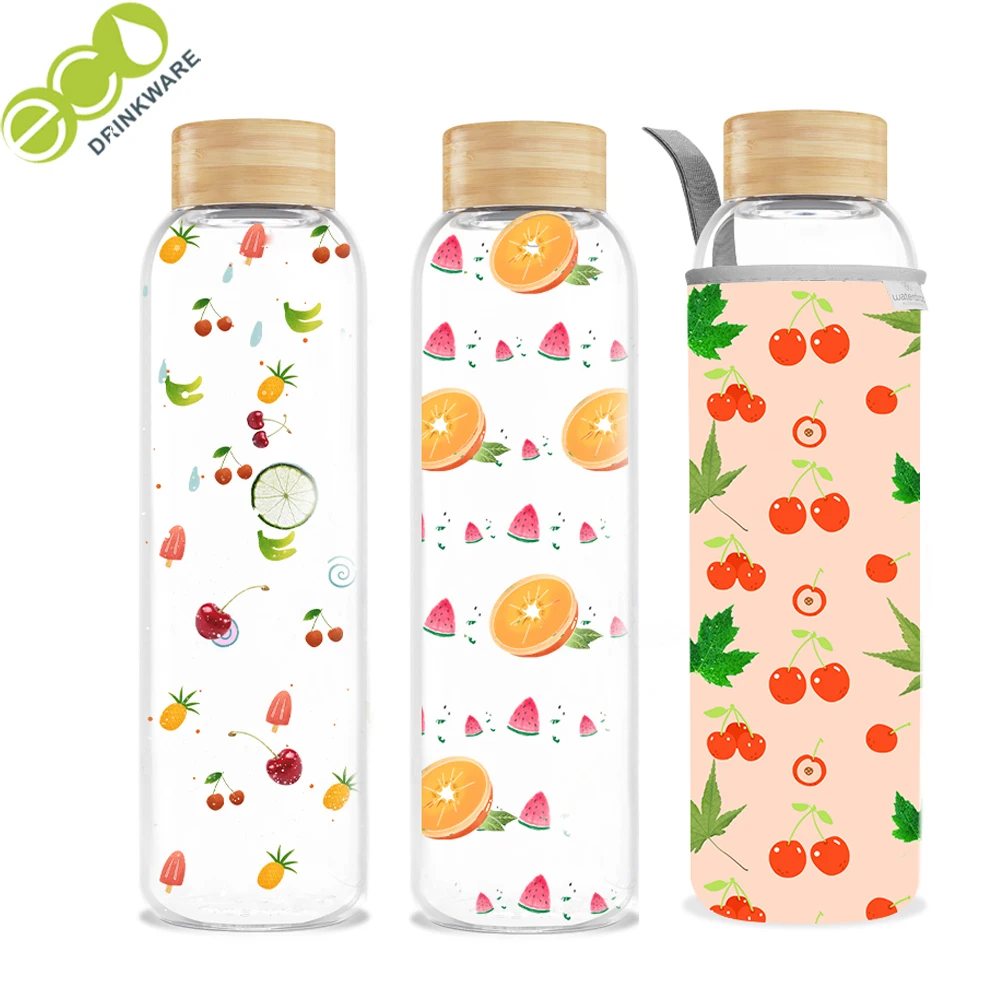 

GA5062 500ml waterdrop single wall glass bottles travel silicone wholesale borosilicate glass water bottle with bamboo lid