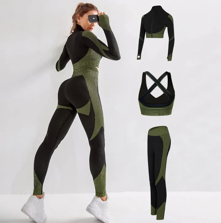 

3pcs Set Zipper Long Sleeve Jacket Leggings Seamless Active wear Set for Women