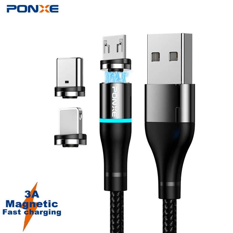 

PONXE 3 in 1 Magnet USB Cable Braided 3A Fast Charger 360 Degree Rotation Magnetic Charging Cable For Mobile Phone, Black/red