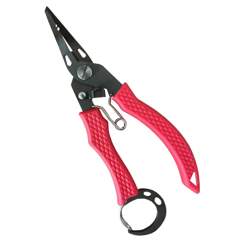 

New style Titanium-Plated Fishing Pliers Multifunctional Lure Fishing Shears Pointed Beak Bait Mino Sequin Split Ring Tool, Blue/red