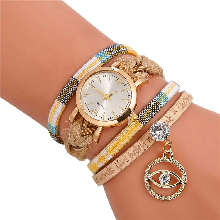 

Woven Hemp Rope Bracelet Watch National Wind Winding Circle Quartz Watch Diamond Eye Pendant Women's Watch, As shown