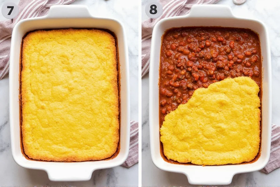 Step-by-step preparation of chili pie showing chili layer in baking dish with cornbread topping being poured over top