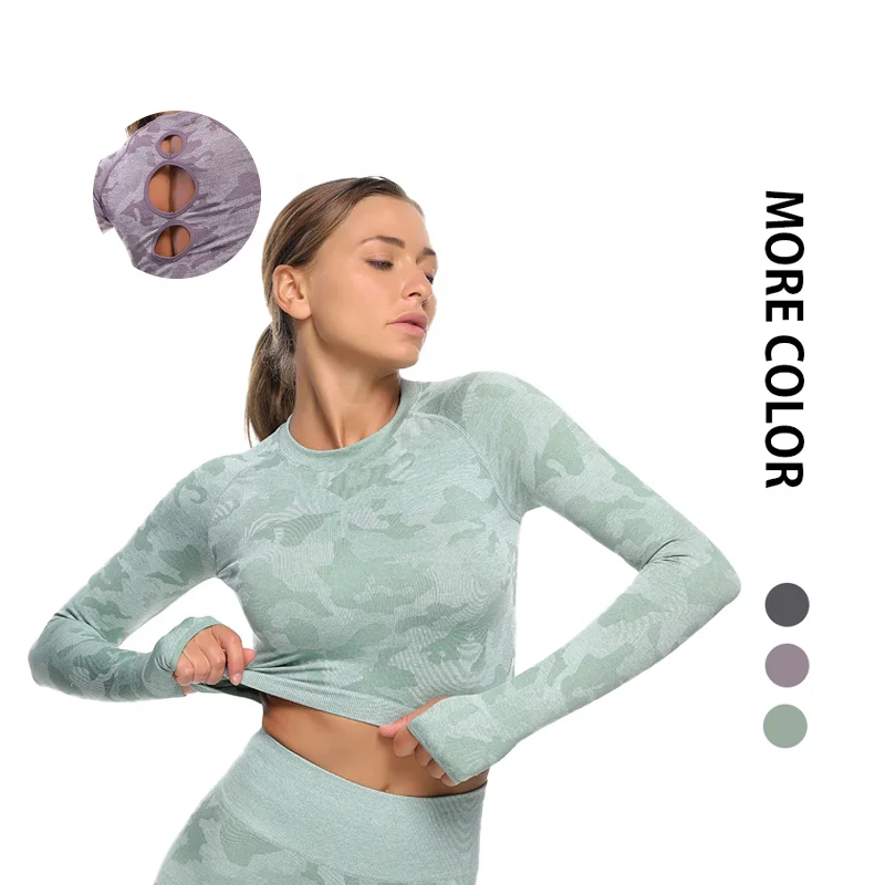 

Workout running yoga gym camo sports clothing tops woman crop tops long sleeve