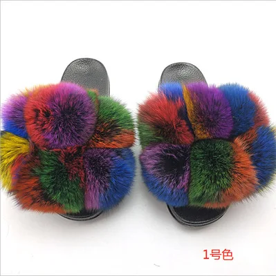 

Fox fur ball women's slippers European and American fur home color furry slippers wholesale sandals furry sandal, Picture