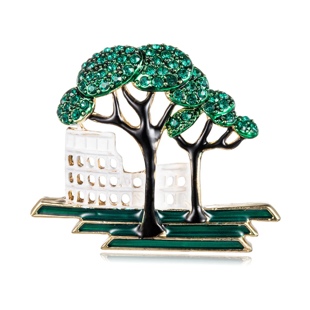 

2021 New Arrival Crystal Zinc Alloy Women Jewelry Rhinestone Enamel Building Tree Brooch pin