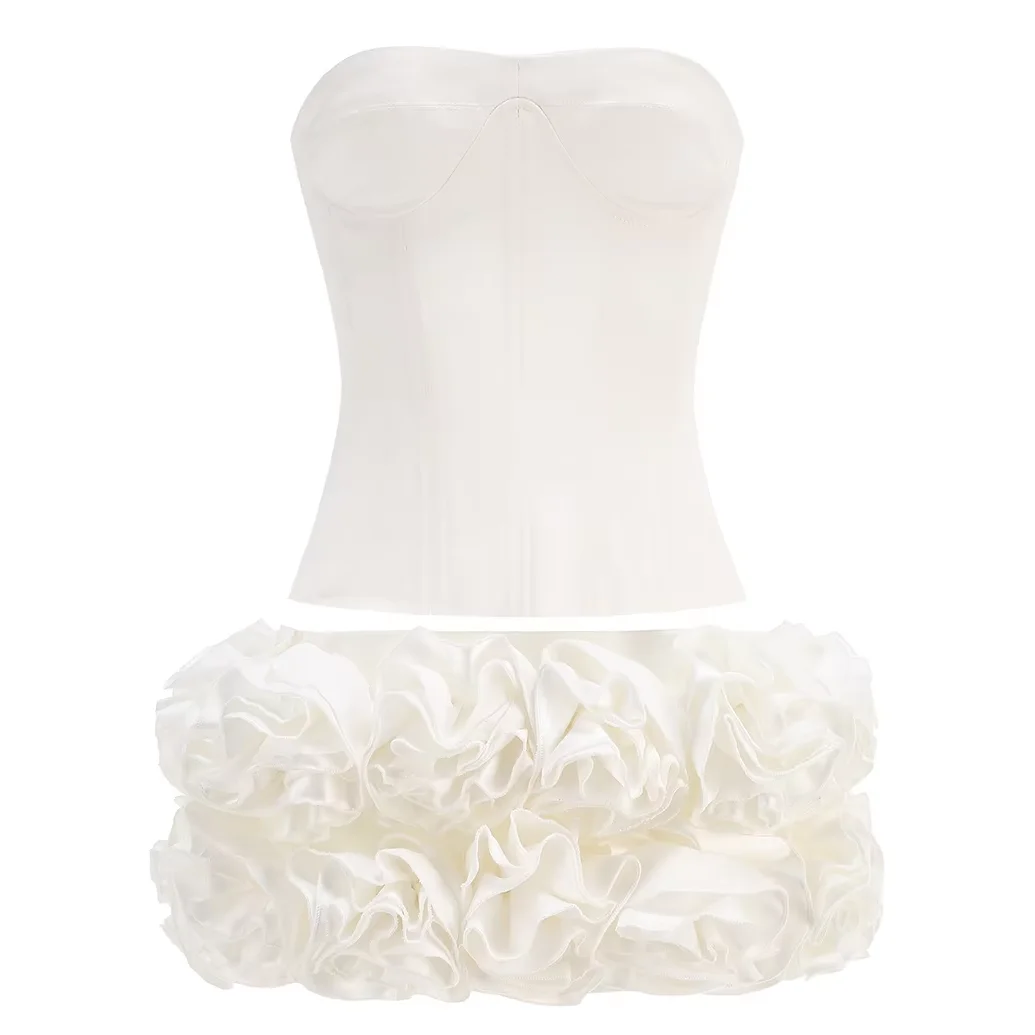 Strapless 3D Flower Crop Top Mini Skirt Set