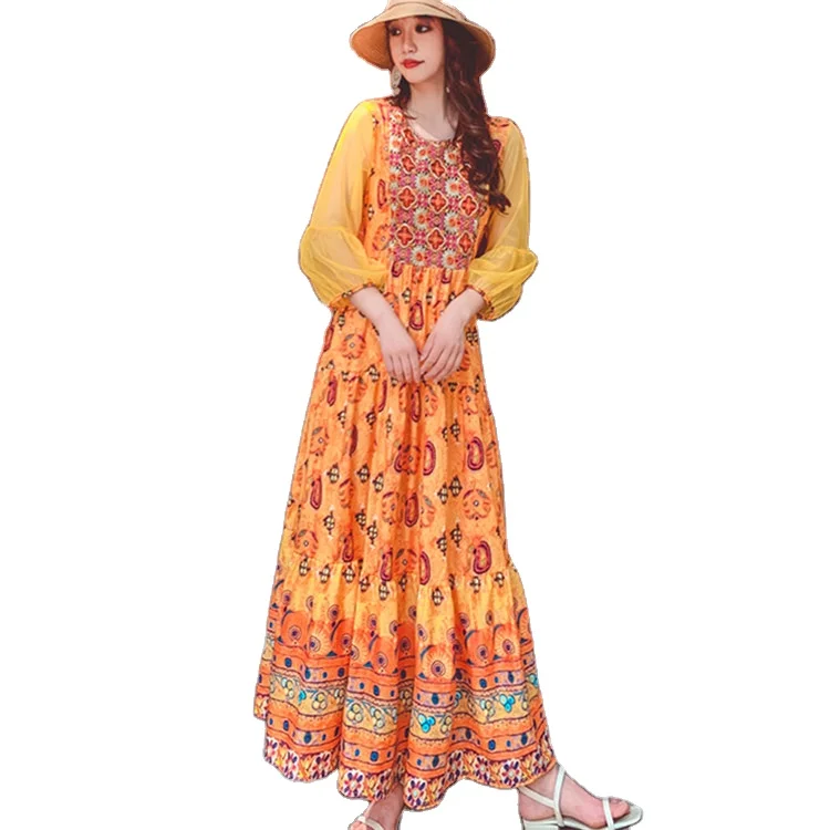 

2020 High Quality Summer Fashion Vintage Embroidered Maxi Dress Women Clothing Holiday Beach Boho Long Floral Dresses