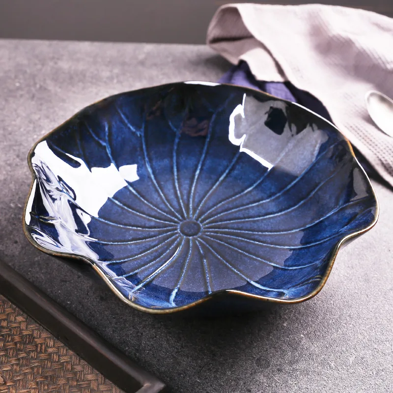 

Nordic Creative underglaze kiln turns blue Lotus leaf shape ceramic bowl student household salad soup noodles bowl tableware set