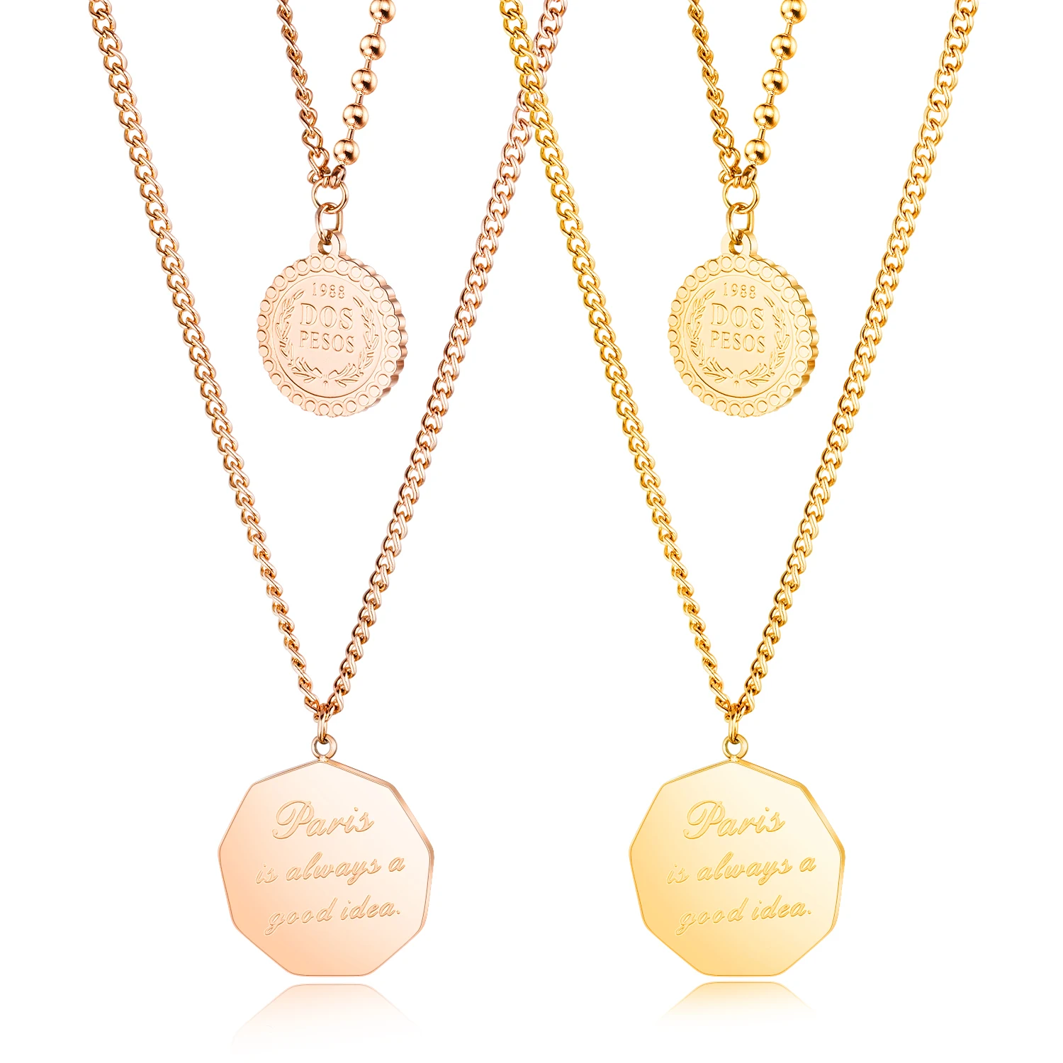 

Wholesale Coustom Nameplate Double Layer Round Jewelry Solid 18k Gold Filled Necklace, Gold,rose gold,customized color