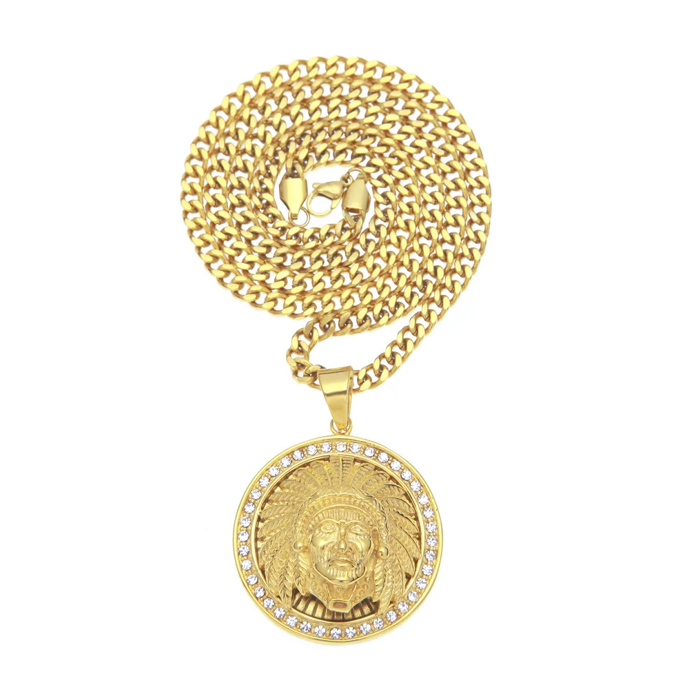 

Hip-hop rap with rhinestone round military personality Indian chief shape gold pendant