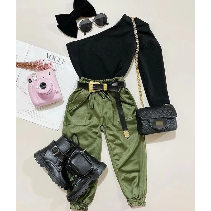 

2pcs Fashion Autumn Kids Girls Clothes Sets Long Sleeve One Shoulder Solid Tops Elastic Pants Outfits 2-7Y, As picture