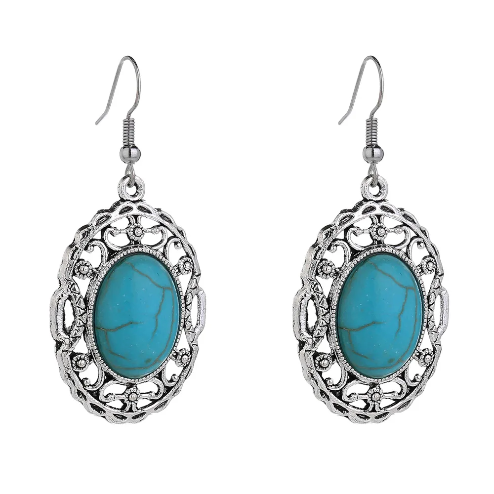 

Island style antique carved silver earrings natural turquoise earrings for women Custom bohemian earrings