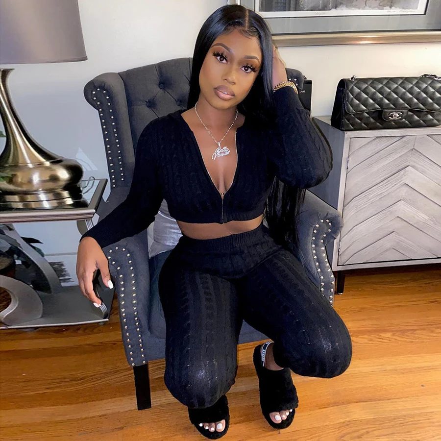 

Nibber W20S09555 2021 New Arrivals Autumn Knitted Zipper Hoodie Cardigan Sweatpants Bodycon Two Pieces Sets Women