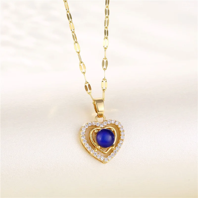

Newest Design Stainless Steel Crystal Rhinestone Heart Pendant Necklaces CZ Temperature Sensing Stone Heart Necklaces
