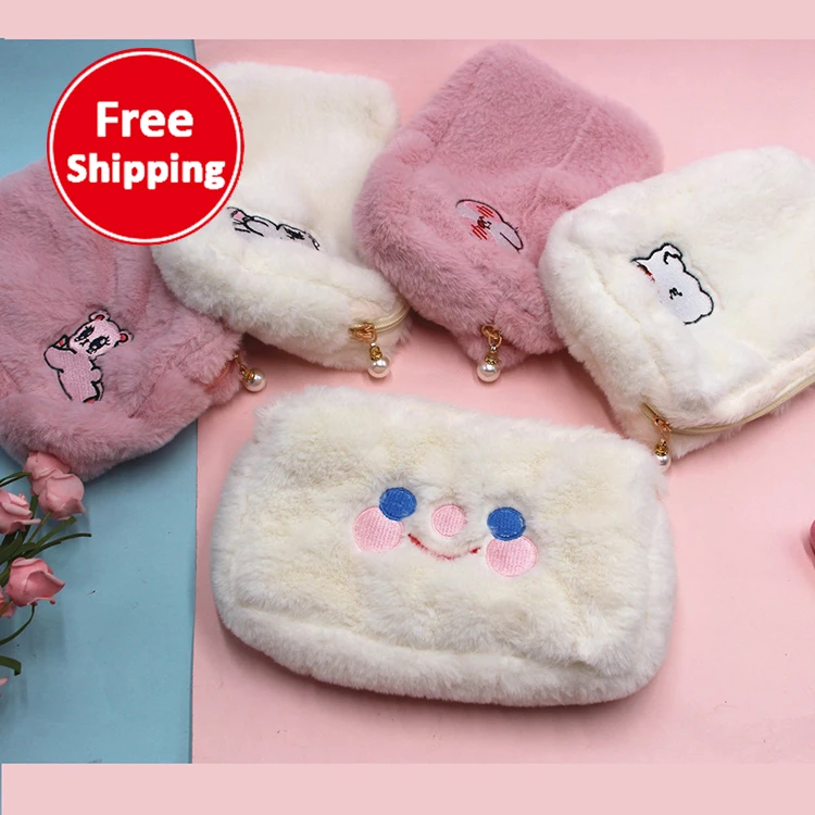 

Cute plush toy lady storage bag cloud smiley bear wash makeup travel bags white purple pink cosmetic bag for girls kids