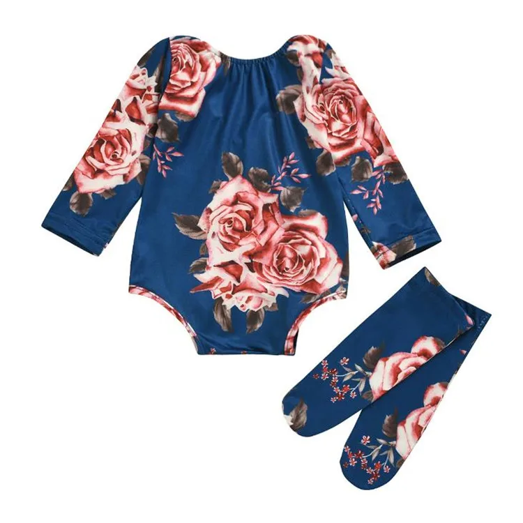 

0-24 Month Baby Girls Clothes Set Floral Printed Bodysuit+socks 2pcs Outfit Toddler Clothing Fashion Designer Bebek Giyim, Navy
