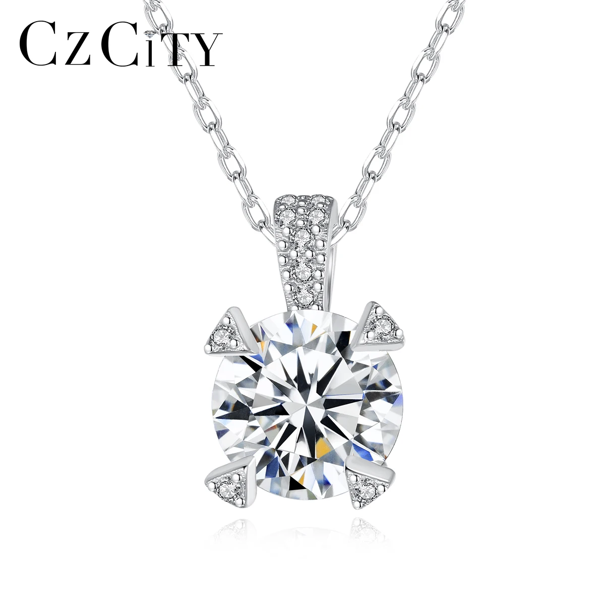 CZCITY Classic Jewelry Simple Women Silver Necklace Jewelry One Carat Diamond CZ Pendant Necklaces