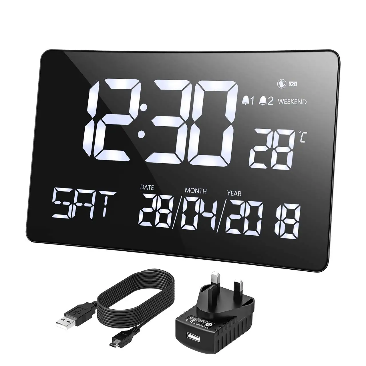 

Jumbo Calendar LED date day Digital Clock Desktop Large Alarm Wall Digital Clock for Home Decoration, Black