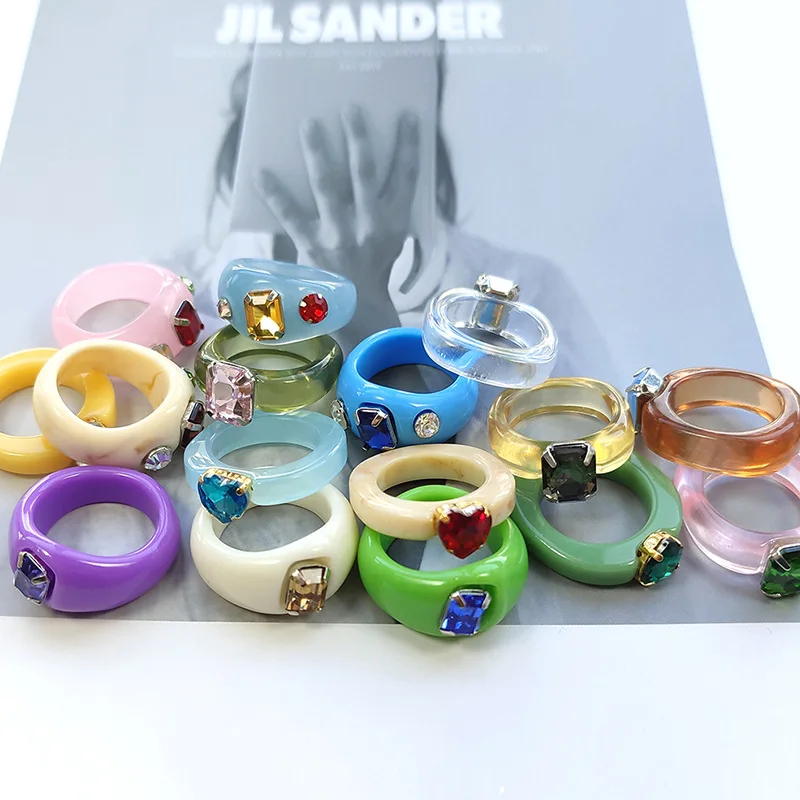 

Korean design candy colored gemstone ring retro diamond acrylic cute trendy resin ring