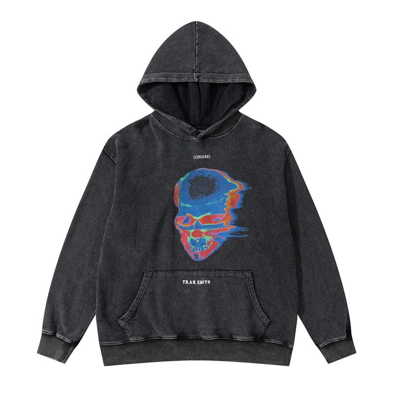 

Retro washed distressed hoodies skull graffiti hip hop men hoodie, Black