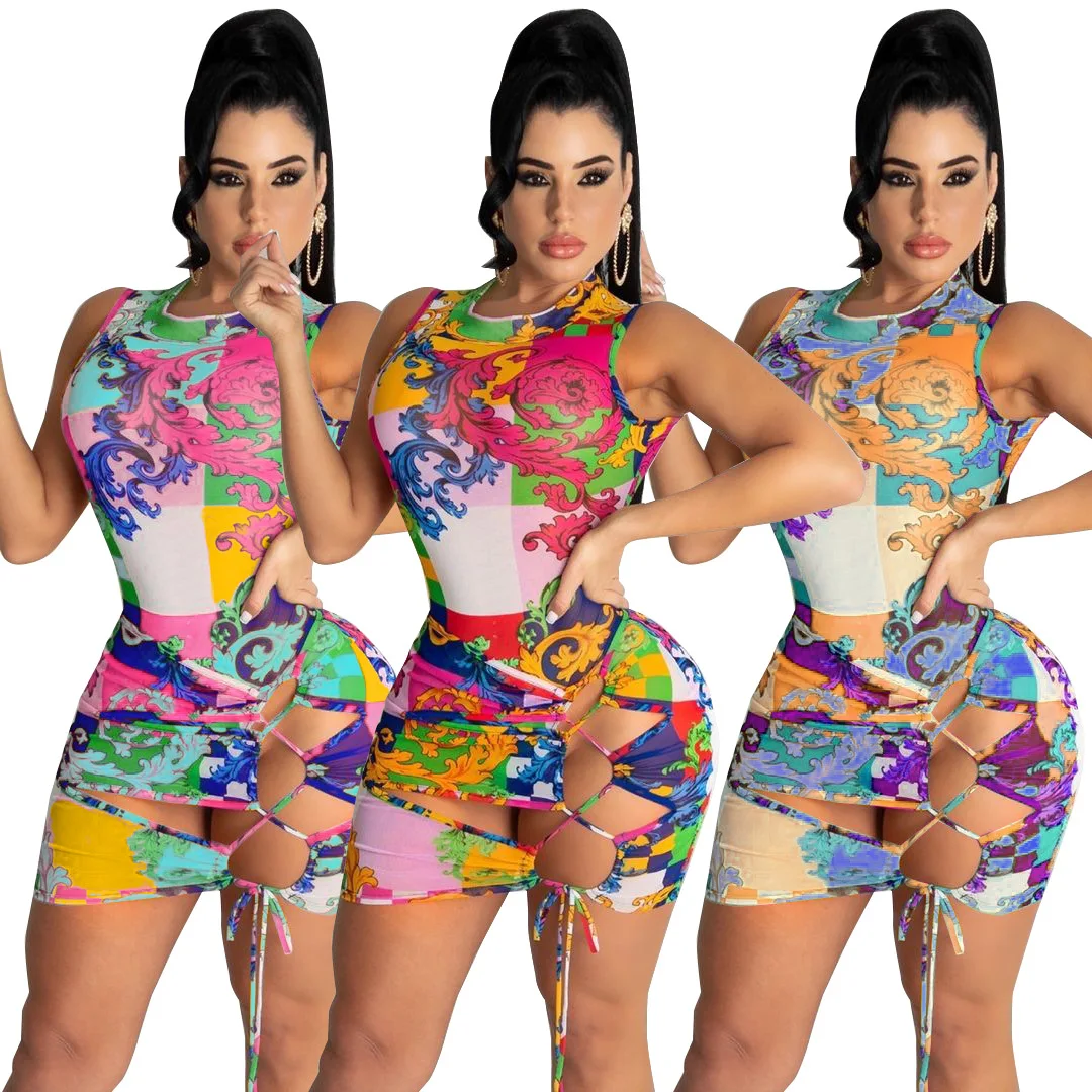 

Wholesale Summer Fashion Print Sleeveless Crop Top Bandage Bodycon Sexy Women Two Piece Skirt Set