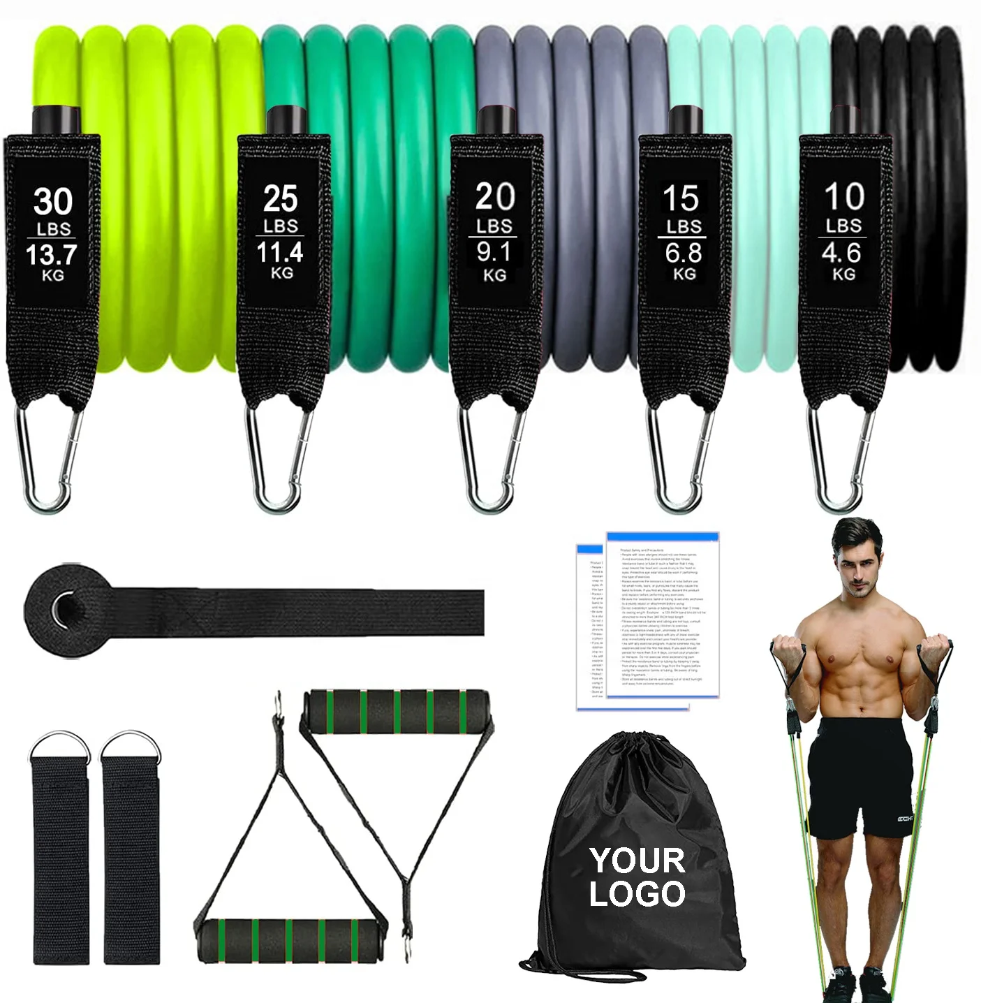 

Amazon Hot Sale 150lb 13pcs OEM ODM Latex TPE Strength Bodybuilding Men Muscles Pull Up Resistance Ankle Tube Tubing Bands Set, Green+cyan+gray+blue+black