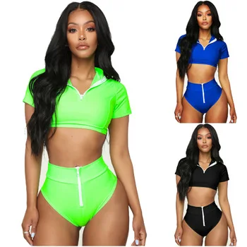 

2020 Hot Women Fashion Sexy 80% Nylon Front Zipper Two Piece Bathing Suit Bikini Swimsuit Sports Swimwear Ladies Swimming Suits