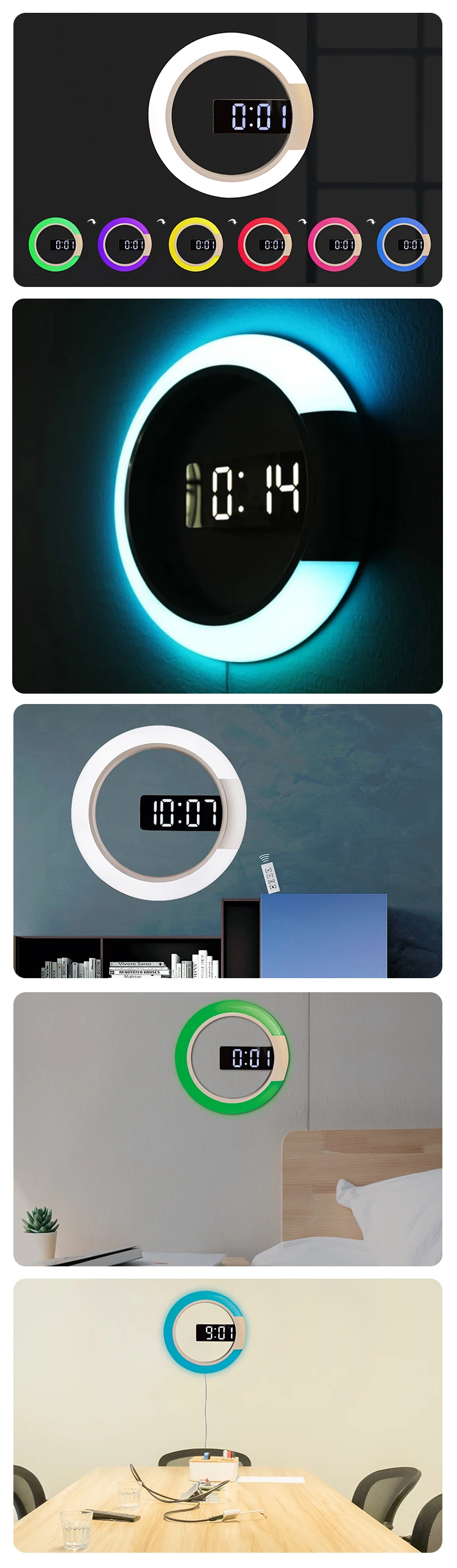 2023 Color Changing Wall Clocks Night Light Mirror Alarm Clock Rgb