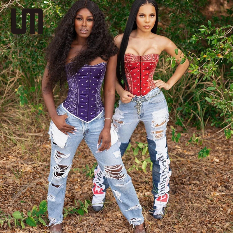 

2021 New Fashion Bandana Corset Women Paisley Crop Top Sexy Button Up Tube Corset Tank Tops, Customized color