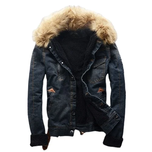 

High Quality Fur Collar Windproof Loose Plus Size Black Denim Jackets For Men